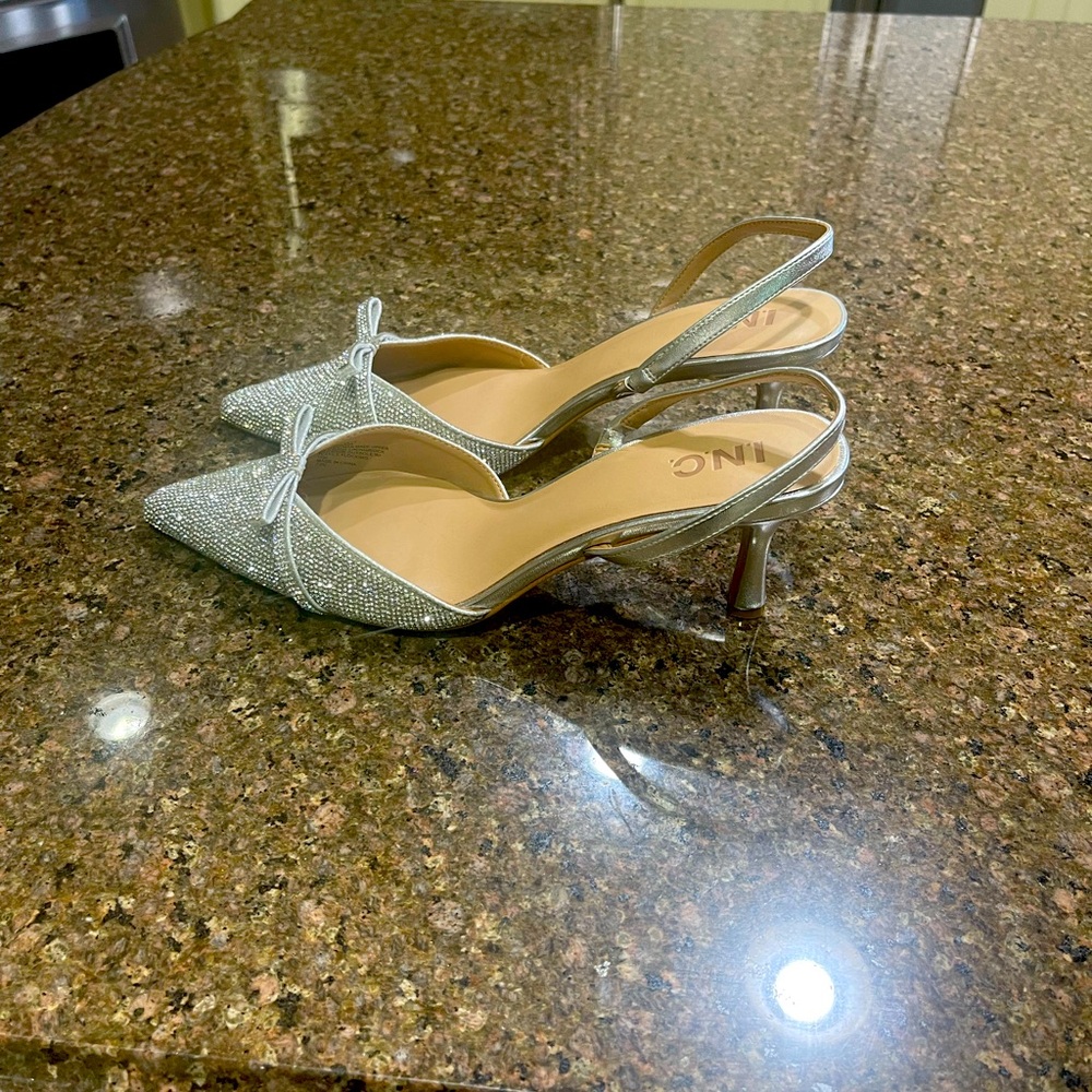 INC International Concepts Silver Kitten Heel Slingbacks